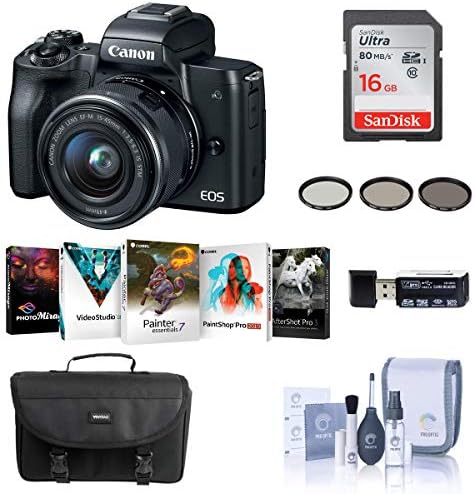 Canon EOS M50 tükör nélküli Fényképezőgép EF-M 15-45mm f/3.5-6.3 az STM Objektív, Fekete - Csomag 16 gb-os