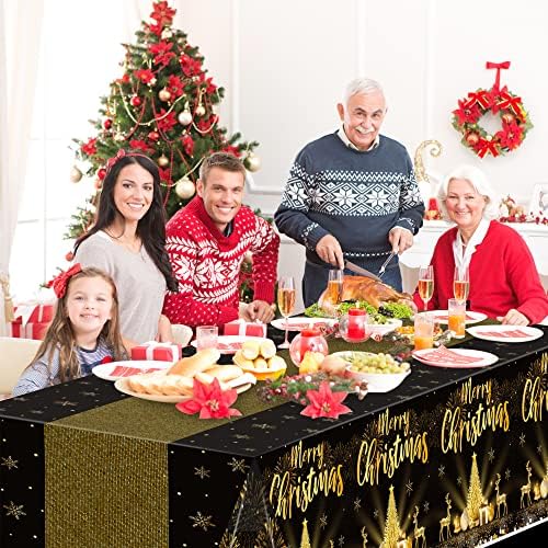 BkeeCten 3Pack Boldog Karácsonyt Fekete, Arany Dekoráció, Abrosz, Műanyag Téglalap Terítő Eldobható asztalterítő