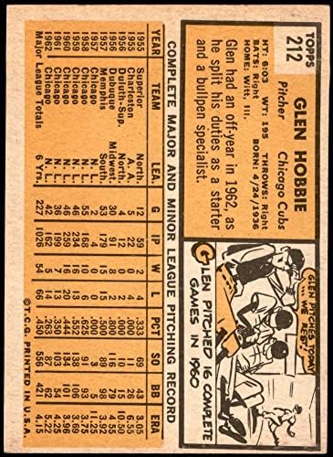 1963 Topps 212 Glen Hobbie Chicago Cubs (Baseball Kártya) VG Cubs