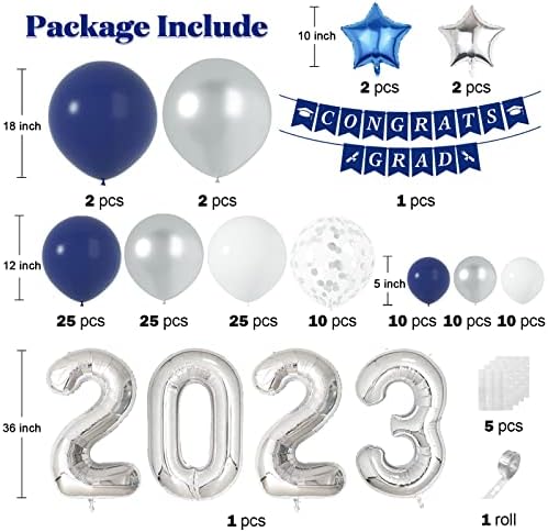Ballagási Dekoráció 2023 -sötétkék-Ezüst Léggömb Garland Arch Kit Navy Kék, Fehér, Ezüst Lufi Ezüst Konfetti