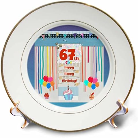 3dRose Kép a 67-ik Születésnapja Tag, Cupcake, Gyertya, Lufi, Ajándék, Szerpentin, Lemezek (cp_359902_1)